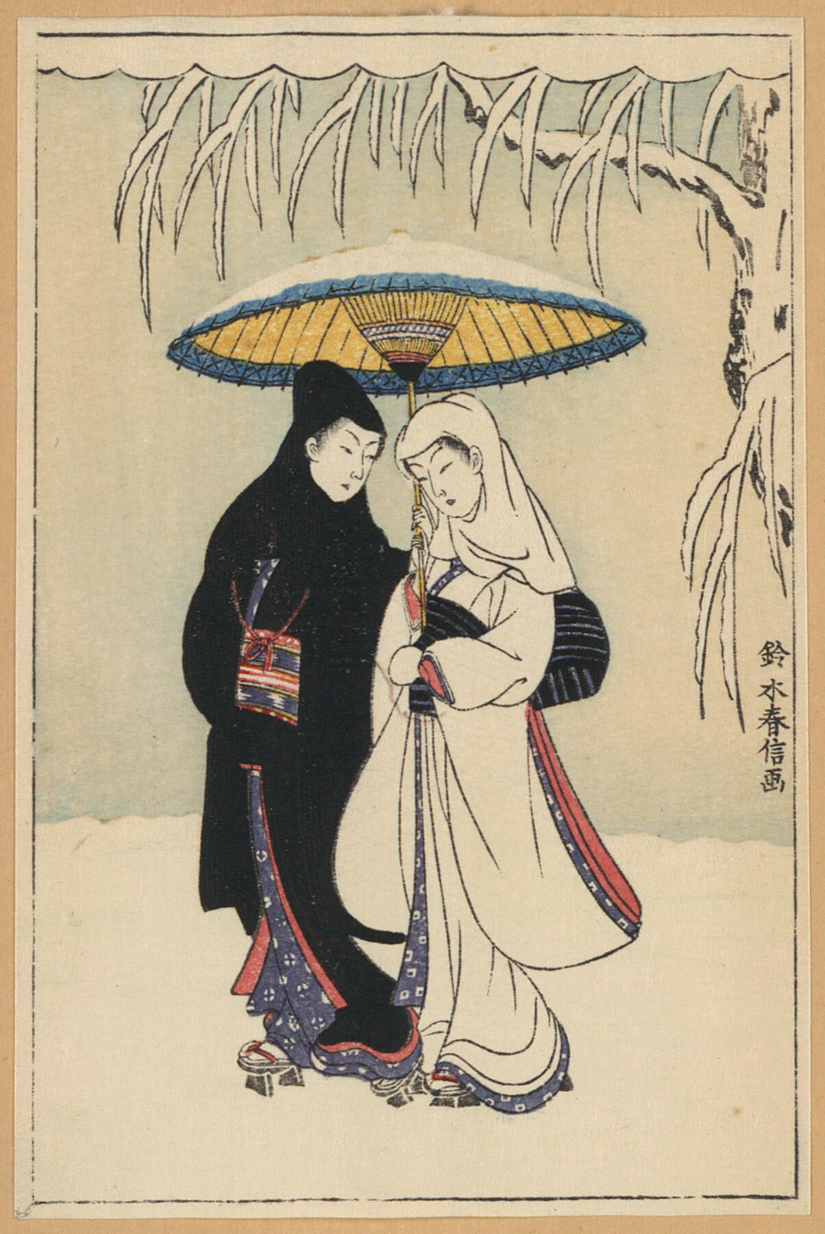 Suzuki Harunobu, 雪中相合傘 | "Couple Under Umbrella in the Snow (Crow &amp; Heron)"
